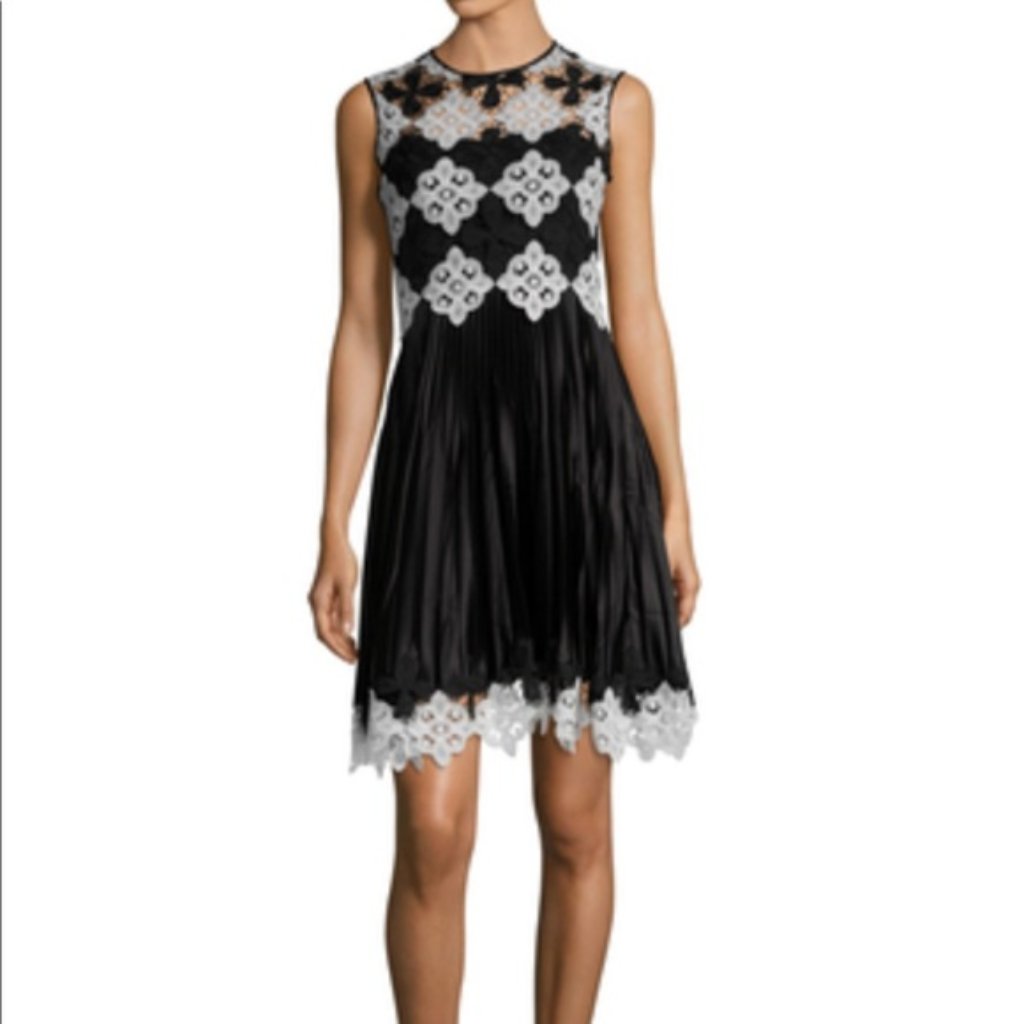 Karen Millen Black White Lace Accordion Pleated Skirt Dress 6
